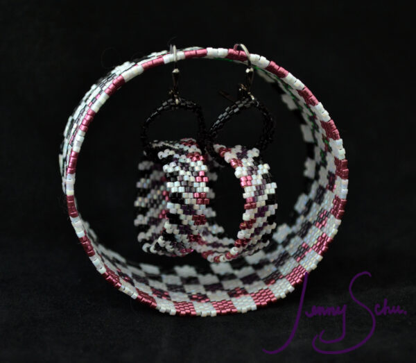 Made-to-Order Checker Fade Circlet Earrings; White with Pink Plum Black - Image 2